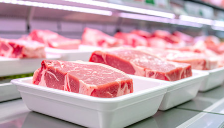 Raw pork chops in plastic box on shelf in supermarket, closeupの素材