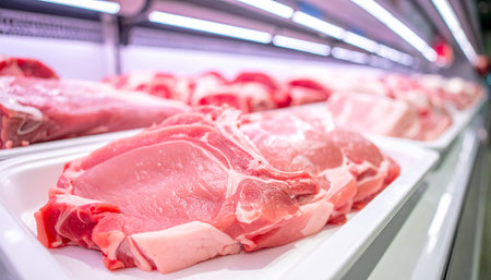 Pork meat in supermarket, close-up. Raw fresh pork meat.の素材