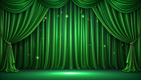 Green theater curtain with spotlights and spotlights. Vector illustration.の素材