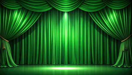 Green theater curtain with spotlights and spotlights. Vector illustration.の素材