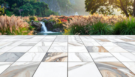 White marble floor and waterfall in the garden at sunset, Landscape design.の素材