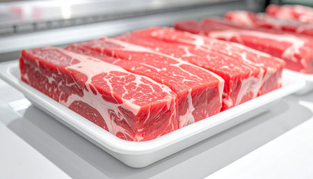 Raw fresh beef meat in plastic tray for sale at supermarket, stock photoの素材
