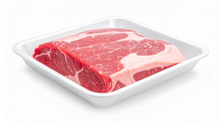 Raw beef meat in a plastic container isolated on a white background.の素材