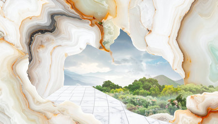 3d illustration of white marble with natural pattern and mountain background.の素材