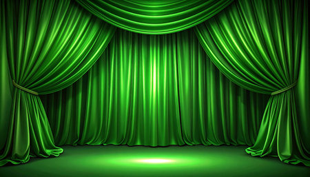 Green theater curtain with spotlight. Realistic 3d vector illustration.の素材