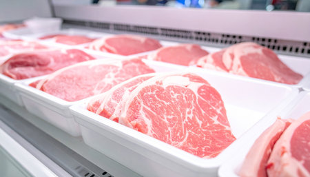 Raw fresh meat in plastic box on shelf in supermarket, closeupの素材