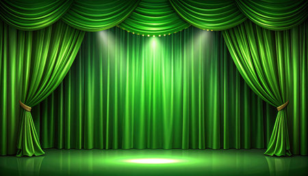 Green theater curtain with spotlights. Stage background. Vector illustration.の素材