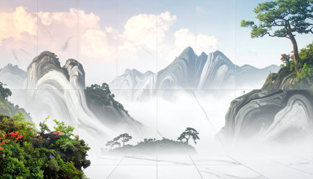 Double exposure of beautiful waterfall and nature landscape background with copy space.の素材