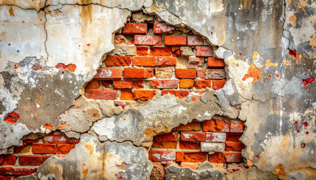 Old brick wall with damaged plaster and peeling paint. Texture backgroundの素材