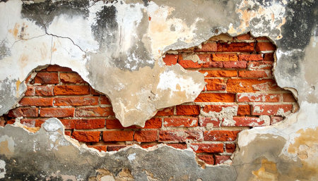 Old brick wall with damaged plaster and peeling paint. Abstract background.の素材