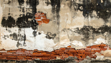 Old brick wall with damaged plaster and peeling paint. Abstract background.の素材