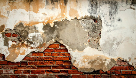 Old brick wall with peeling plaster. Abstract background for design.の素材