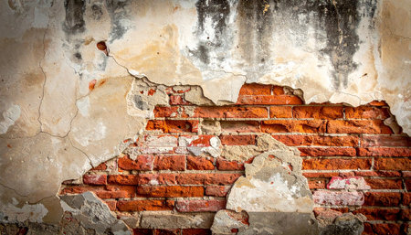 Old brick wall with damaged plaster. Abstract background for design. Toned.の素材