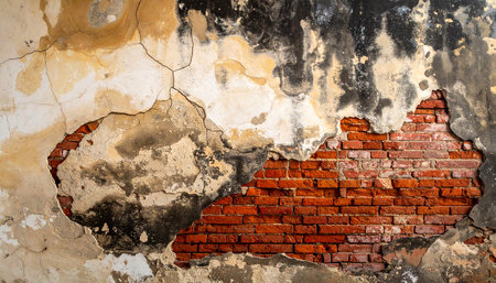 Old red brick wall with peeling paint. Abstract background texture.の素材