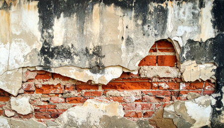 Old brick wall with damaged plaster and peeling paint. Abstract background.の素材
