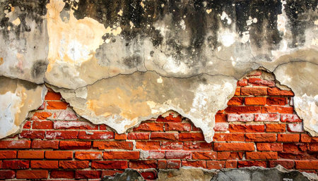 Old brick wall with cracks and peeling paint. Abstract background for design.の素材