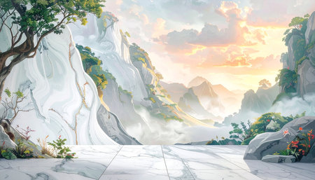 3d render of a marble floor with a view of the mountain landscapeの素材