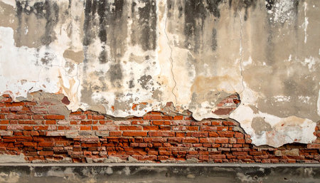Old brick wall with damaged plaster. Grunge background texture.の素材