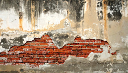 Old red brick wall with peeling plaster. Abstract background for design.の素材