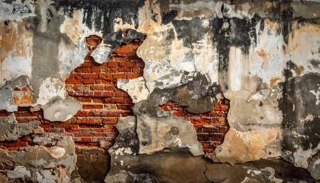 Background of old brick wall with peeling plaster and red brick wallの素材