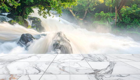 White marble floor and waterfall with mist and sunlight background, product displayの素材