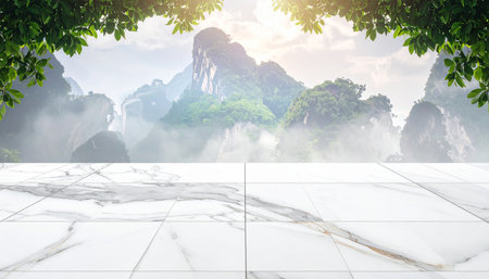 White marble floor with green mountain and sky background, top view.の素材