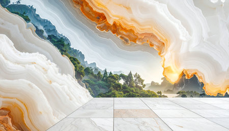 Luxury white marble stone wall and natural landscape background, 3d renderの素材