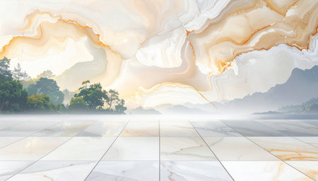 White marble floor with nature background. 3d rendering. Computer digital drawing.の素材