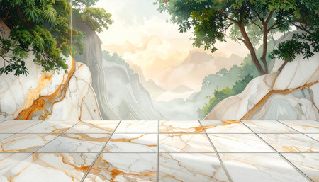 3d render of marble floor with nature background. High resolution image.の素材