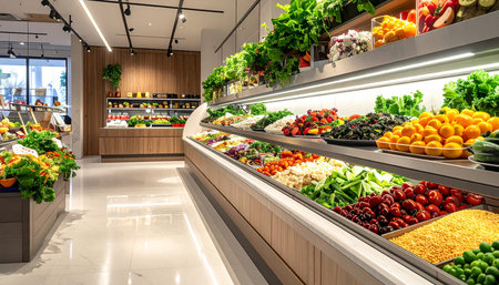 Fruits and vegetables on the shelves in the supermarket. Supermarket interiorの素材