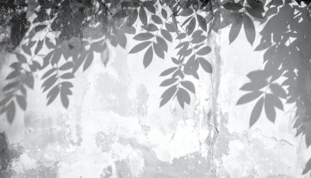 abstract black and white leaves shadow on grunge wall texture backgroundの素材