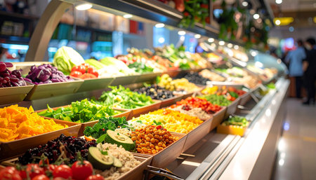 Fruits and vegetables on the counter in the supermarket. Healthy food.の素材