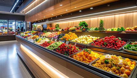 Shelves with fresh fruits and vegetables in the supermarketの素材