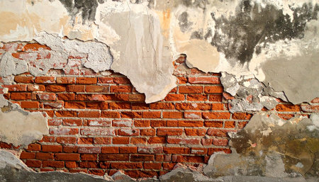 Old brick wall with peeling white paint. Abstract background and texture for design.の素材
