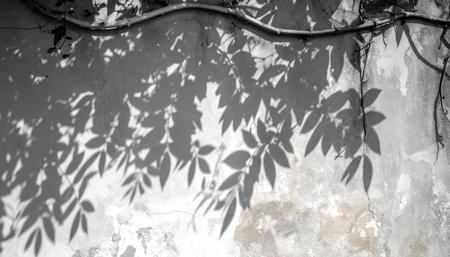 Black and white shadow of leaves on the wall. Abstract background.の素材