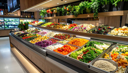 Supermarket shelves full of fresh vegetables and fruits in a shopping mallの素材