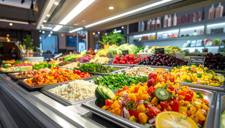 Supermarket counter with variety of fresh vegetables and fruits, healthy foodの素材