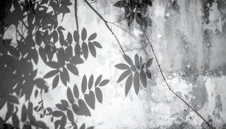 Black and white image of shadow of leaves on the concrete wall.の素材