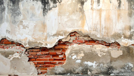 Old weathered brick wall with peeling plaster, grunge backgroundの素材