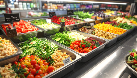 Supermarket shelves with fresh vegetables, closeup. Healthy food conceptの素材