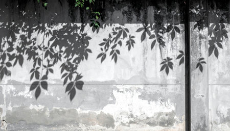 Shadow of tree on cement wall background. Black and white tone.の素材