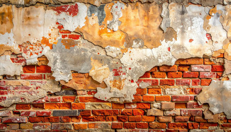 Old red brick wall with peeling paint. Abstract background for design.の素材