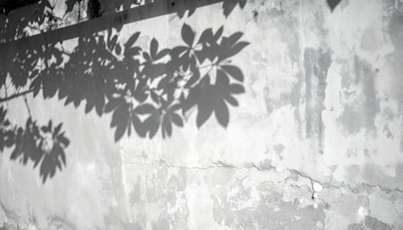 shadow of leaves on the concrete wall, black and white photo.の素材