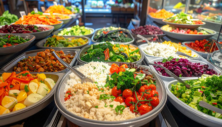 Vegetable salads in bowls at a market in the city.の素材