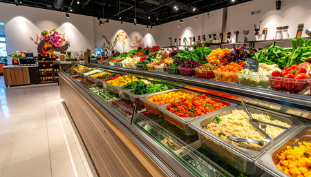 Fruits and vegetables on display in a supermarket.の素材