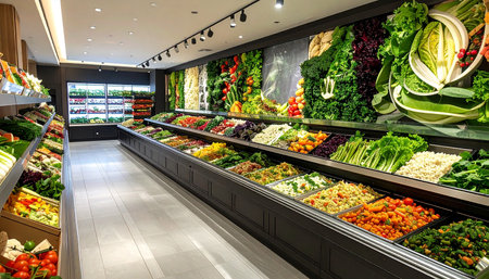 Interior of a grocery store with fresh vegetables and fruits on shelvesの素材