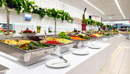 catering buffet for events in a restaurant with meat and vegetablesの素材