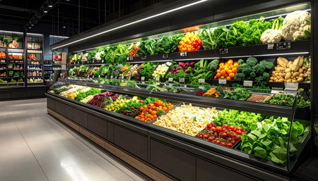 Vegetables and fruits on the shelves of a grocery store.の素材