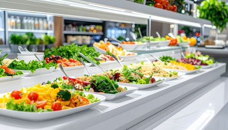 catering buffet food indoor in luxury restaurant with meat colorful fruits and vegetablesの素材