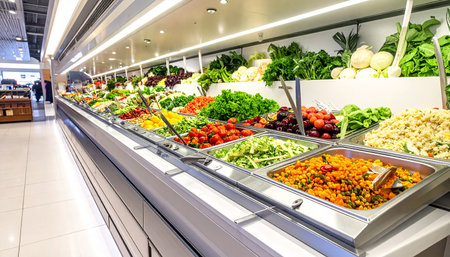 Fruits and vegetables on display at a grocery store in Paris, Franceの素材